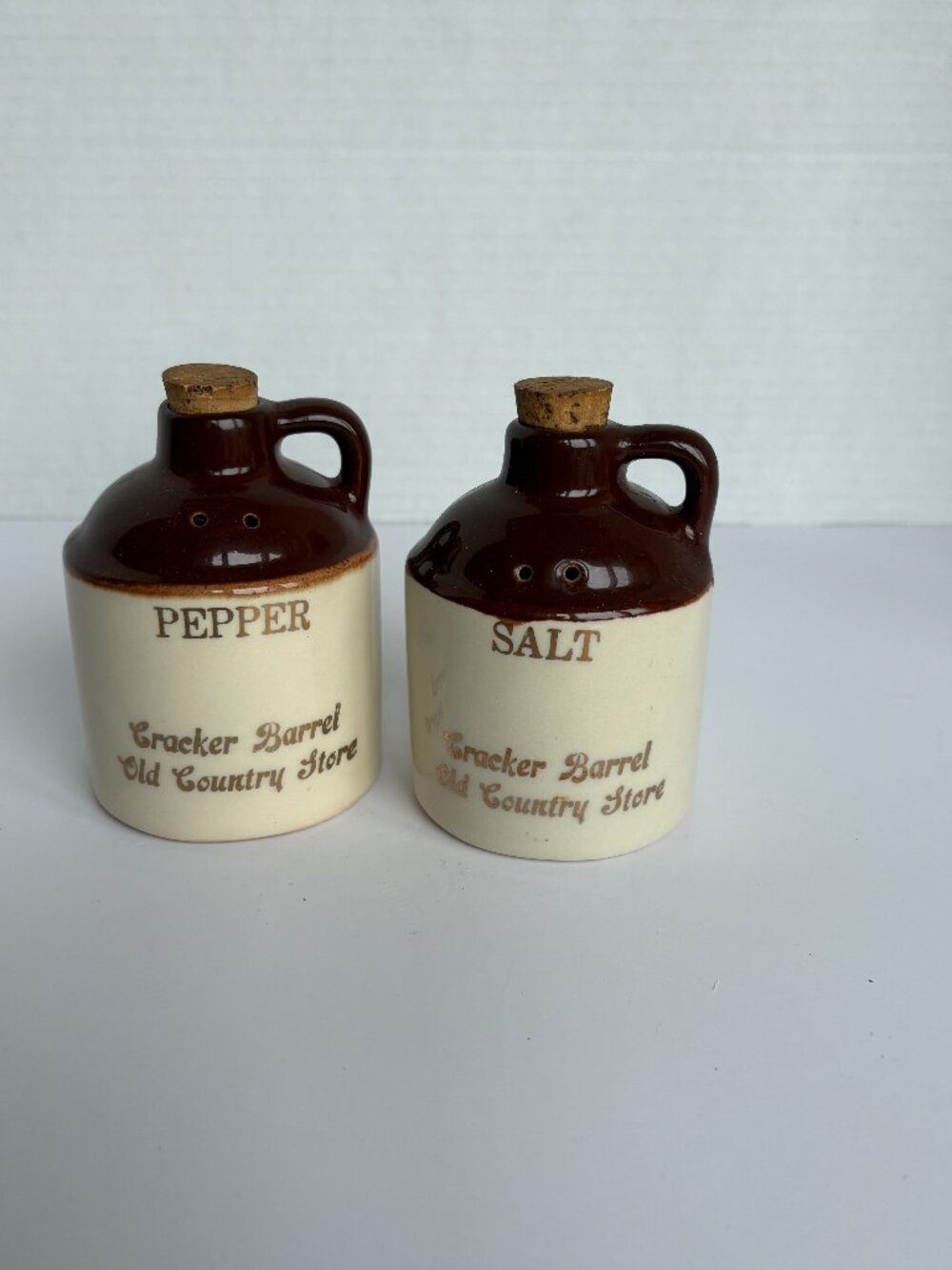 Vintage Ceramic Brown Jug "Cracker Barrel" Salt and Pepper Shakers